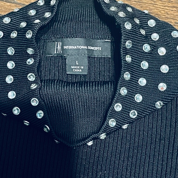 INC International Concepts Black Ribbed Sweater with Rhinestone Collar - Picture 2 of 11